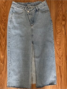 Light Blue Denim Maxi Skirt with Front Slit